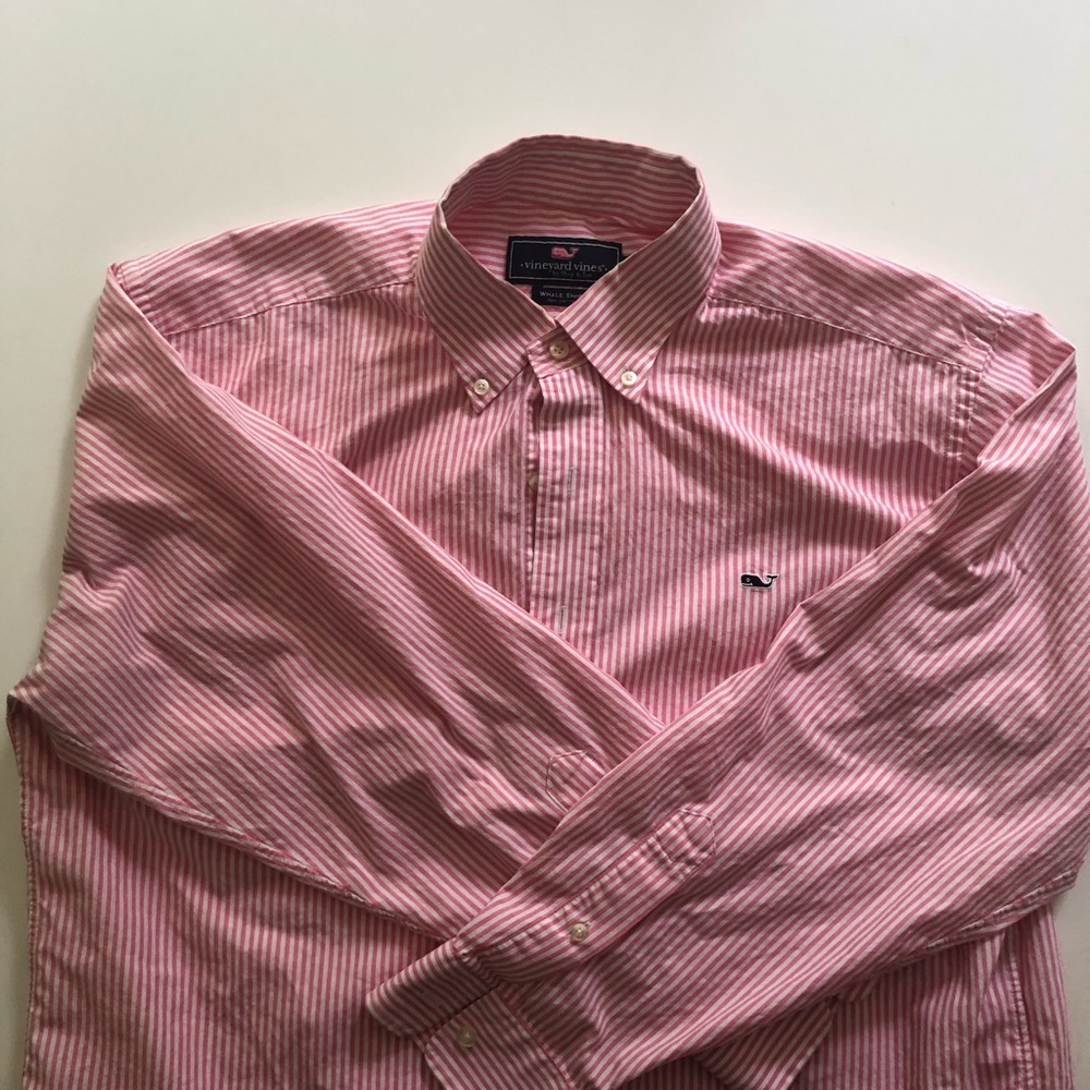 Vineyard Vines Mens pink pinstripe whale shirt